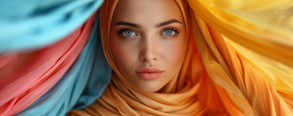 Portrait of beautiful woman wearing hijab with silk colorful fabric flying around her. Beauty and fashion concept.