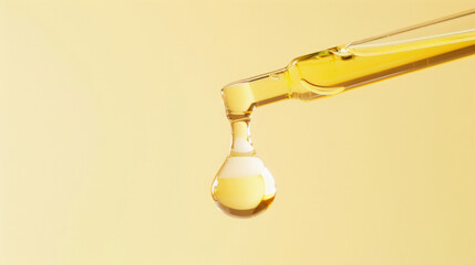 A droplet of oil liquid is falling from a dropper, skincare and medical concept