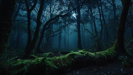 Wall Mural - Mystical night in dark but beautiful forest full of wonder and magic essence with moon view