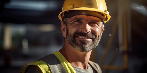 Construction worker portrait face happy but tired. Hndsome guy man looking in the camera at construction building background scene