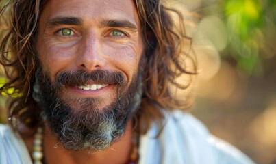 An expressive portrait of the life of the face of Jesus Christ smiling and looking at the camera against the background of the sunset with copy space