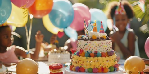 Poster - A shot of a children birthday party with a decorated cake, balloons, and kids in festive hats