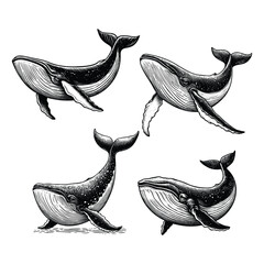 set of whale illustration. hand drawn  black and white whale vector illustration isolated white background