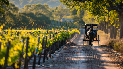 A horse-drawn carriage drives through a lush vineyard in the countryside on a sunny day.