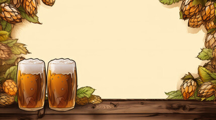 Wall Mural - A wooden table with two glasses of beer and some leaves