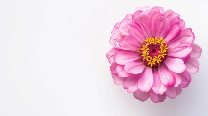 Wall Mural - blooming pink zinnia bud on white background from top view ideal for holiday postcard or calendar