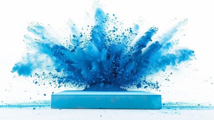 Wall Mural - Cyan Chalk Explosion Behind Podium on White Background