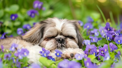 Wall Mural - Sleeping Shih Tzu Dog in Violet Flowers