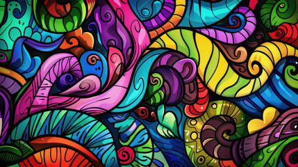 Playful Doodle Art Pattern in Vibrant Colors. Expressive and Bright Design with Vivid Colors