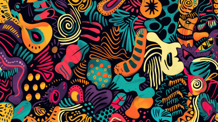 Playful Doodle Art Pattern in Vibrant Colors. Expressive and Bright Design with Vivid Colors