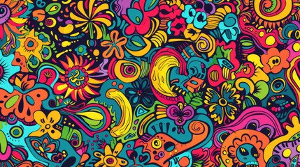 Playful Doodle Art Pattern in Vibrant Colors. Expressive and Bright Design with Vivid Colors