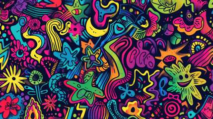 Playful Doodle Art Pattern in Vibrant Colors. Expressive and Bright Design with Vivid Colors
