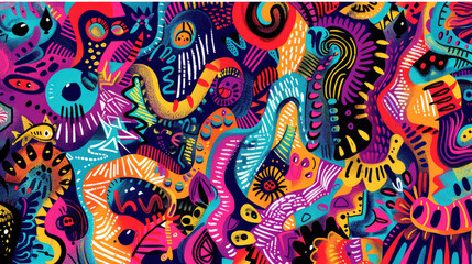 Playful Doodle Art Pattern in Vibrant Colors. Expressive and Bright Design with Vivid Colors