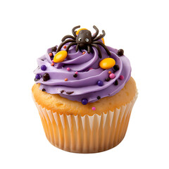 Halloween cupcake with purple whipped cream topping with chocolate spider shaped candy isolated on transparent background. generative ai