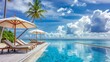 © xelilinatiq - A beautiful outdoor view with a pool, blue sky, and clouds. A tropical resort hotel in the Maldives. It's a relaxing and peaceful place with chairs and loungers under umbrellas and palm leaves.