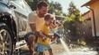 © xelilinatiq - A dad and his young son have fun washing their car with a water gun. They spray water to clean the car. Also, a man is using a high-pressure water jet to clean a car outside.