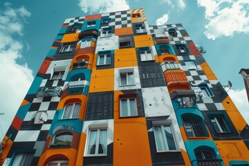 Wall Mural - A quirky apartment building with a facade painted in a checkerboard pattern of black and white squares.