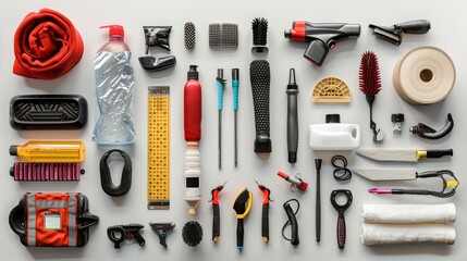 An assortment of car care items arranged on a white surface.