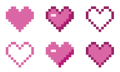 Set of pink pixel art heart icons. Vector 8-bit retro style illustration.