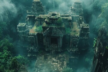 A forgotten temple shrouded by the emerald embrace of a primeval rainforest, aerial view.