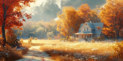 Wall Mural - A picturesque view of a house surrounded by trees in a field under a blue sky