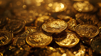 Wall Mural - A pile of gold coins with a blurry background