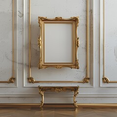 Wall Mural - Mock up  golden  Louis luxury vertical frame border for art, landscape wall art hanging on the neutral  color vintage wall , neutral color  background, wallpaper