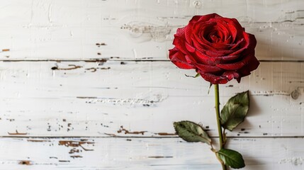 Sticker - Close up image of a red rose with soft lighting and sweet style on a white wooden background