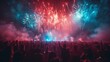 © steve - Fireworks and Concert: A live outdoor concert with a fireworks display as the backdrop. Crowd cheering, hands raised, at live show. Concert, show, stage, club, event.