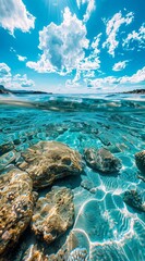 Portraits of clear waters, combined with coral rocks visible below the surface and natural light