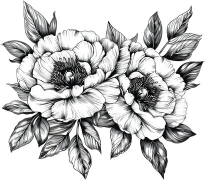  Black and white hand drawn illustration of peony flowers