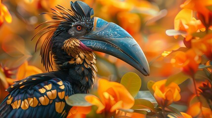 A Knobbed Hornbill, a big bird from Indonesia, has colorful feathers. Its neck is blue with gold feathers, and the background has orange flowers.