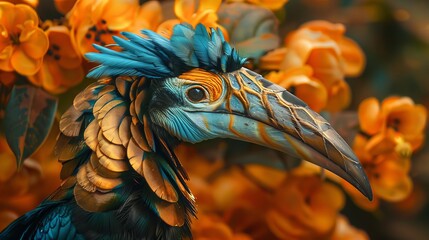 A Knobbed Hornbill, a big bird from Indonesia, has colorful feathers. Its neck is blue with gold feathers, and the background has orange flowers.