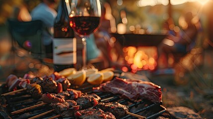 wine glasses, nature, rest, barbecue. Selective focus