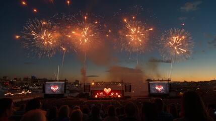 Wall Mural - Fireworks and Concert: A live outdoor concert with a fireworks display as the backdrop.