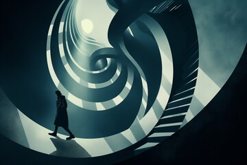 Wall Mural - A man walks down a spiral staircase in a dark room. Concept of dejavu or déjà vu effect