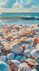 Wall Mural - The beach is full of shells. The background of the sky, blue sea waves, and sandy beaches
