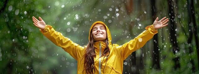 Sticker - a girl in a yellow raincoat. Selective focus