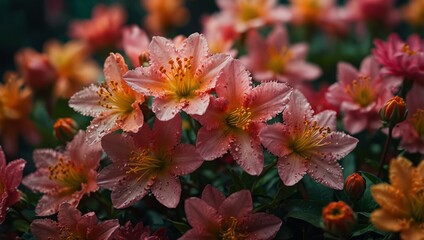 Sticker - A bouquet of pink and orange blossoms atop a green base, nestled amidst a sea of red and pink petals.