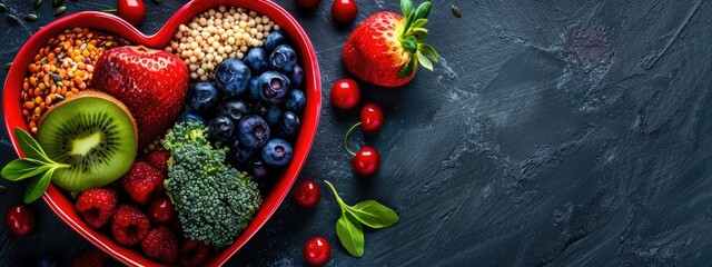 Wall Mural - fruits and berries in a heart-shaped bowl. Selective focus