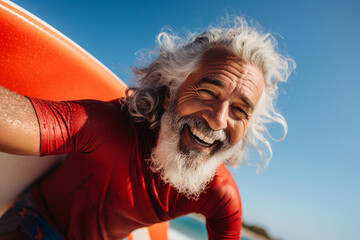Wall Mural - AI generative image of a cheerful happy man hobby surfing