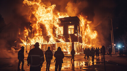 Wall Mural - fantastic burning building in the middle of city street