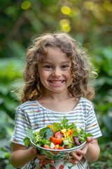Poster - happy child in the garden holding fresh vegetables. Selective focus