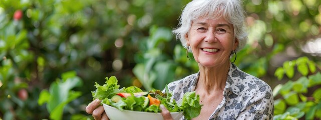 Poster - happy elderly woman in the garden holding fresh vegetables. Selective focus