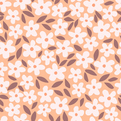 Wall Mural - Small light pink flowers, leaves on a peach background. Simple floral vector seamless pattern. For fabric prints, textile products, clothing.