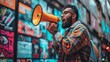 © QuietWord - man in public speaking in megaphone with advertising billboard as background,