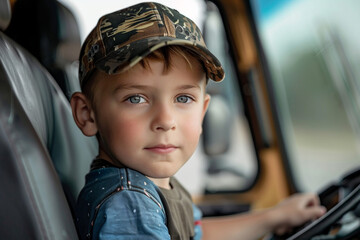 Created with generative AI technology picture of charming cute small child driver in truck