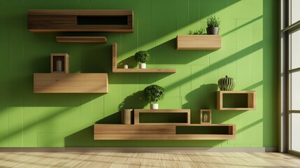 Wall Mural - Modern home room living room green wall interior with wood shelves, 3D render