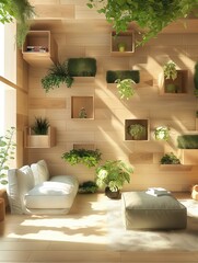 Wall Mural - Modern home room living room wall interior with wood shelves, 3D render
