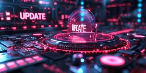 pink neon light sign with word  UPDATE on black screen, cyberspace style, futuristic and technology theme